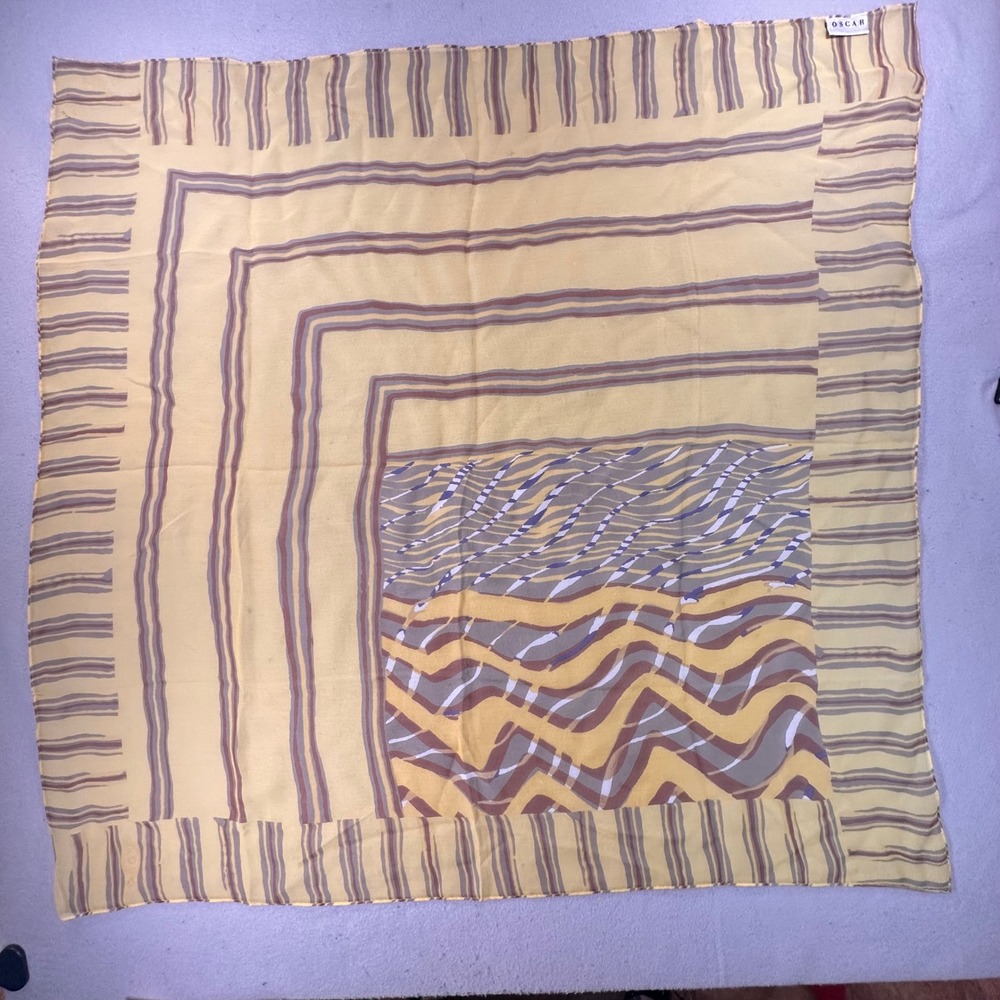 Vintage Oscar de la Renta Silk Scarf Yellow/Brown Geometric Stripe Large 34x34"